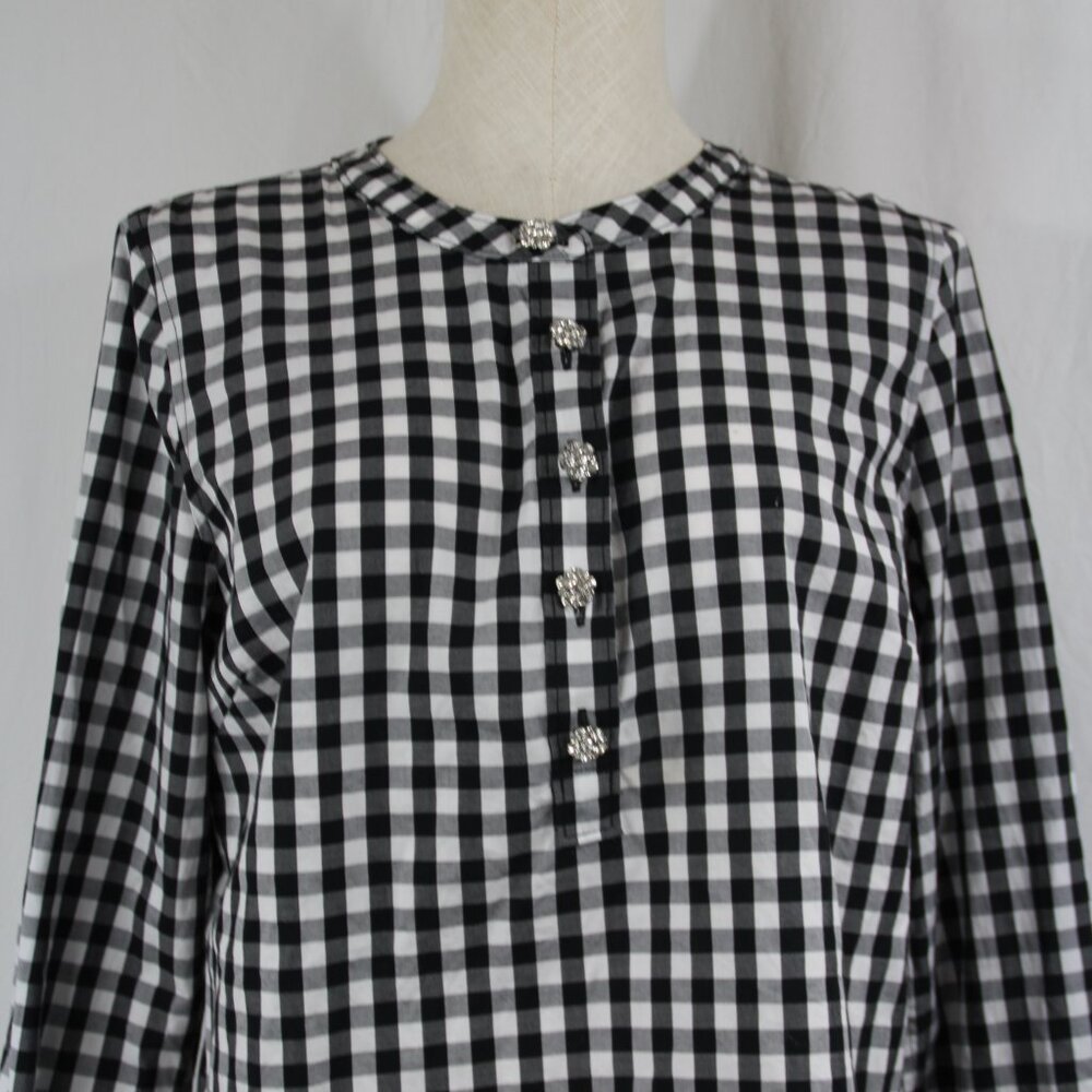 Talbot’s Black White Buffalo Plaid Tunic Rhinestone Buttons Size Med Band Collar - Picture 2 of 9
